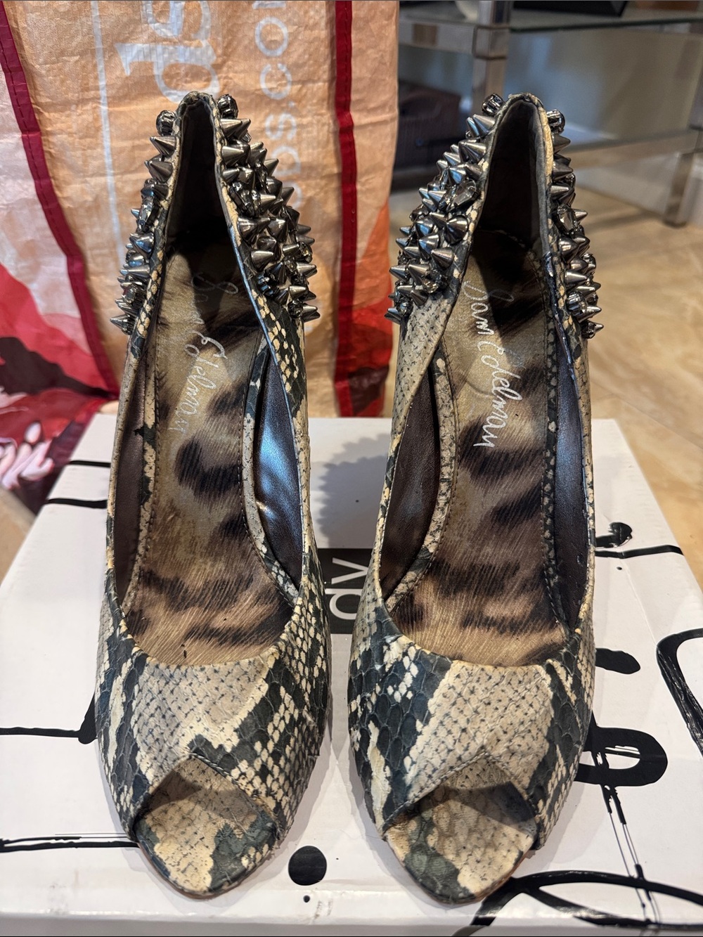 Studded Snake-Print Peep Toe Pumps - Black/Beige